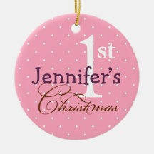 Pink  polka dots purple name baby first holiday christmas tree ornaments