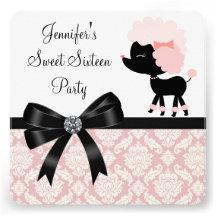 Pink Poodle Damask Sweet 16 Birthday Party Announcement