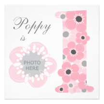 Pink poppy age one girl invitation photo upload