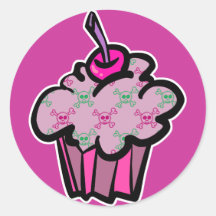 pink punk skull crossbones cupcake round sticker