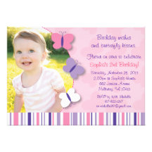 Pink & Purple Butterfly Photo Birthday Invitation