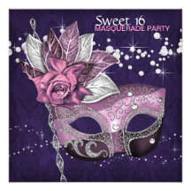 Pink Purple Sweet 16 Masquerade Party Personalized Announcements