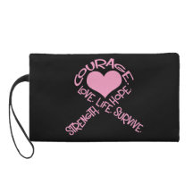 Pink Ribbon of Words Breast Cancer Wristlet Bag