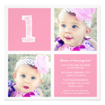 Pink Room for Squares First Birthday Party Photo Personalized Invites