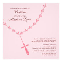 Pink Rosary Bead Baby Girl Baptism Inviation Invite