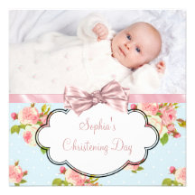 Pink Rose Baby Girl Photo Christening Personalised Announcement