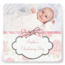 Pink Rose Baby Girl Photo Christening Invitation