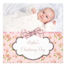 Pink Rose Baby Girl Photo Christening Personalized Invitation