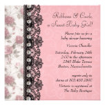 Pink Rose Black Lace Baby Girl Shower Custom Invitation