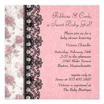 Pink Rose Black Lace Baby Girl Shower Custom Invitation