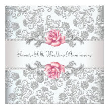 Pink Rose Damask Silver 25th Wedding Anniversary Invitation