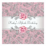 Pink Rose Damask Womans 50th Birthday Party Invitations