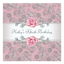 Pink Rose Damask Womans 50th Birthday Party Invitations