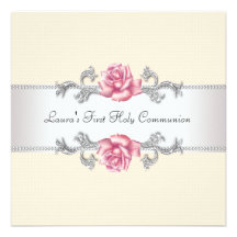 Pink Rose Girls First Communion Personalized Invitation