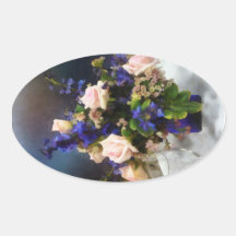Pink Roses and Purple Delphinium Oval Sticker