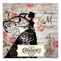 Pink Roses and Song Silhouette Bride Invitation