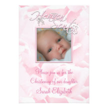 Pink Roses Baby Girl Photo Christening Personalized Invitations