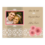 Pink Roses Damask Lace Save The Date Postcard