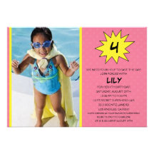Pink Save the Day Superhero Photo Birthday Party Invitations