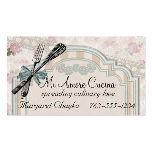 pink shabby chic fork whisk chef catering biz card business cards