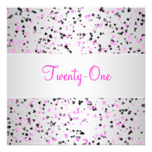 Pink Silver White Black Love Hearts 21st Birthday Invitations