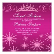 Pink Snowflake & Tiara Design Birthday Invitation