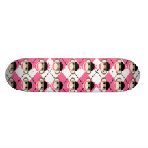 Pink Sock Monkeys on Pink White Argyle Diamond Custom Skate Board
