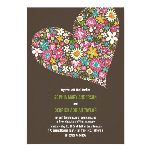 Pink Spring Flowers Heart Whimsical Wedding Invite