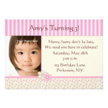 Pink Stripe Photo Birthday Invitation