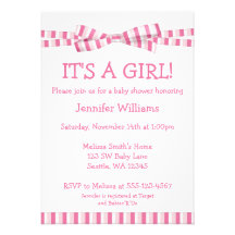 Pink Stripe Ribbon Bow Baby Girl Shower Invitation