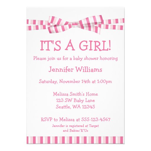 Pink Stripe Ribbon Bow Baby Girl Shower Invitation