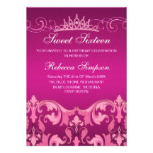 Pink Sweet16 Damask & Tiara Birthday Invitation