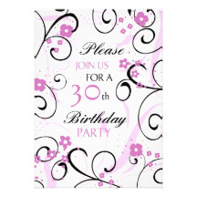 Pink Swirls 30th Birthday Party Invitation Card