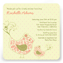 Pink Swirly Mum & Baby Bird Baby Shower Invitation