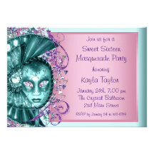 Pink Teal Blue Sweet Sixteen Masquerade Party Invitation