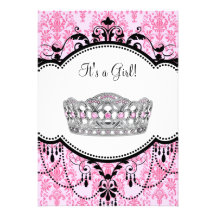 Pink Tiara Pink Black Damask Baby Shower Personalised Invites