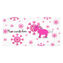 Pink unicorn pink snowflakes customised photo card