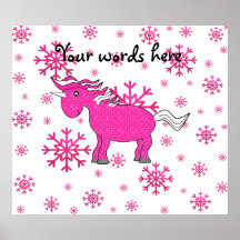 Pink unicorn pink snowflakes poster