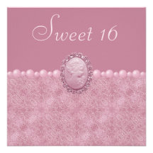 Pink Vintage Cameo & Pearls Sweet 16 Announcements