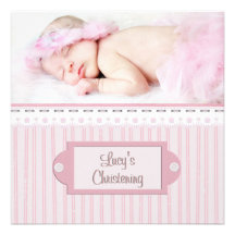 Pink White Eyelet Girl Photo Baptism Christening Invitation