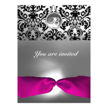 PINK WHITE FUCHSIA DAMASK GEM STONE MONOGRAM PERSONALIZED ANNOUNCEMENT