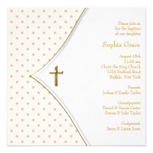 Pink White Gold Cross Baby Girl Christening Personalized Invitations