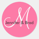 Pink White Monogram M  Bride Groom Names Sticker