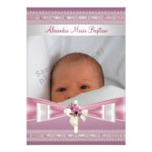 Pink White Photo Cross Baptism Christening Personalized Announcements