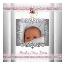 Pink White Silver Photo Cross Baptism Christening Custom Invite