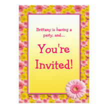 Pink Yellow Gerbera Kids Birthday Party Invitation