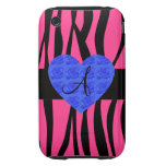 Pink zebra stripes monogram blue roses iPhone 3 tough cases