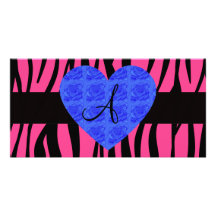 Pink zebra stripes monogram blue roses photo card