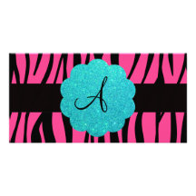 Pink zebra stripes monogram customised photo card
