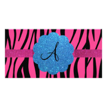 Pink zebra stripes monogram photo card